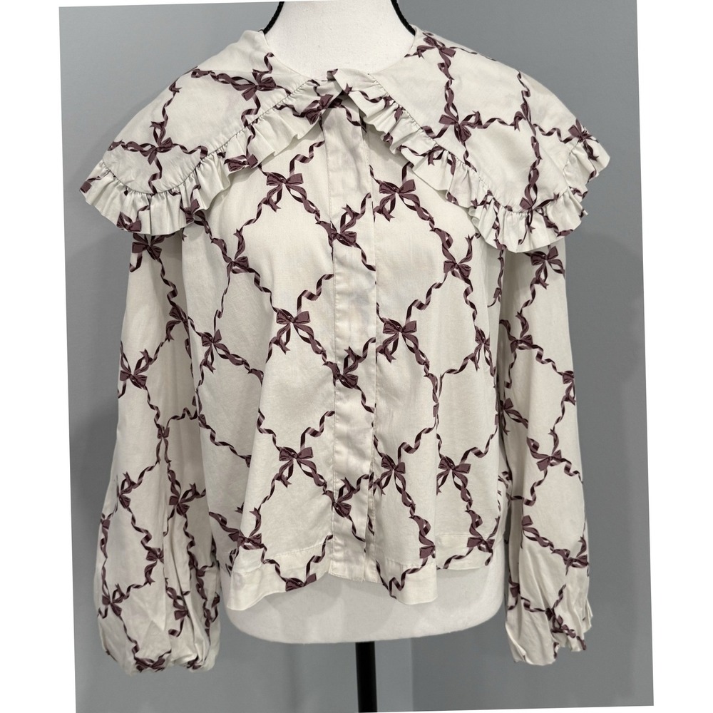 Francescas Size Small Gina Ribbon Print Bib Collar Copenhagen Blouse Coquette